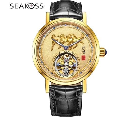 High-end Gift Natural Diamond Horse Mens Tourbillon Watch Luxury Sapphire Glass Man Mechanical Watches Inlaid Gold Coins & Jade