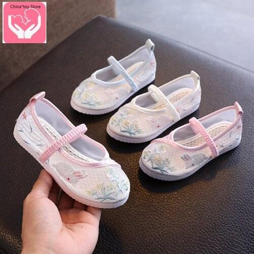 Childrens Net Shoes Girls Embroidered Shoes Chinese Style Hanfu Shoes Summer Breathable Handmade Cloth Shoes Dance Shoes