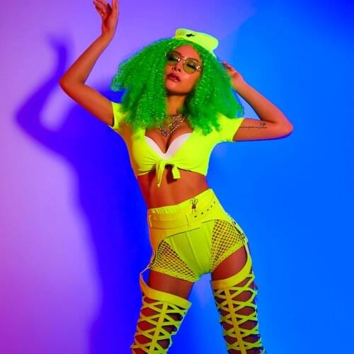 DS Costumes Female New Sexy Fluorescent Collar Dance Suit Street Dance Wear Nightclub Gogo DJ Stage Outfit Rave Clothes DQS4673