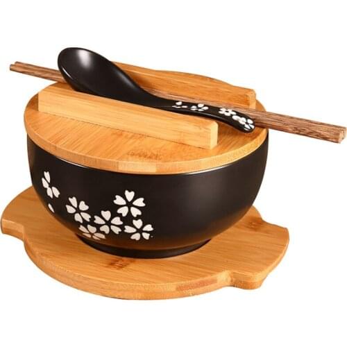 ELEG-1000Ml Ceramic Noodle Bowl Spoon Bowl Mat with Cover Instant Noodle Bowl Korean Soup Bowl Rice Bowl Cutlery Set