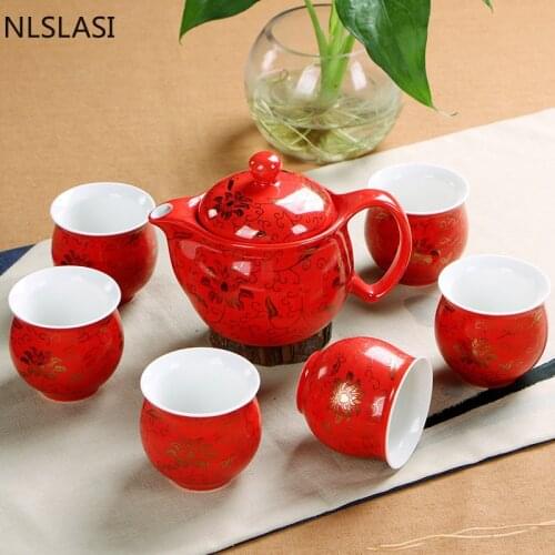 Chinese traditional wedding ceramic tea set Double anti-hot tea cup Double happiness teapot Household Drinking utensils WSHYUFEI
