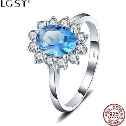 LGSY DR1060 100% 925 Sterling Silver Rings Sapphire Fine Jewelry Round Rings Female Finger Rings Wholesale Blue Crystal Jewelry