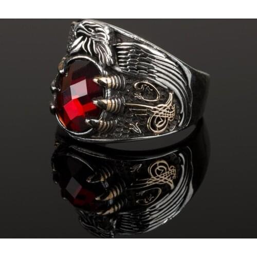 Red Zircon Silver Ring Ottoman Coat of Arms Motif Ring Crescent Star Claw Style Ring Handmade Jewelery Solid 925 Sterling Silver