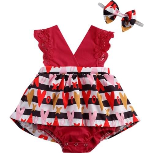 Lovely Baby Girls Valentines Day Two-piece Clothes Set Red Sleeveless Stripe and Heart Printed Pattern Romper + Headdress 0-24M