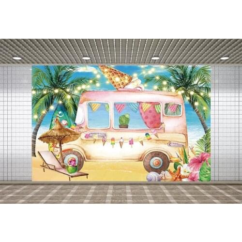 Lyavshi Summer Holidays Beach Tropical Palm Tree Cartoon Bus Ice Crame Backgrounds For Photography Carnival Party Decor Banner