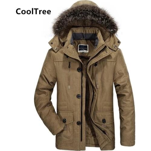 CoolTree Men Fleece Jackets With Fur Collar Autumn Winter Plus velvet lining Thick Warm Hooded Coats Male Long Windbreaker 6XL