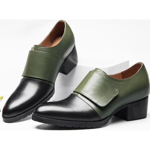 US Size 5-10 Trendy Men Pointed Toe Heels Genuine Leather Hook Loop Thick Heel Oxfords Business Man Dress Shoes Four Seasons