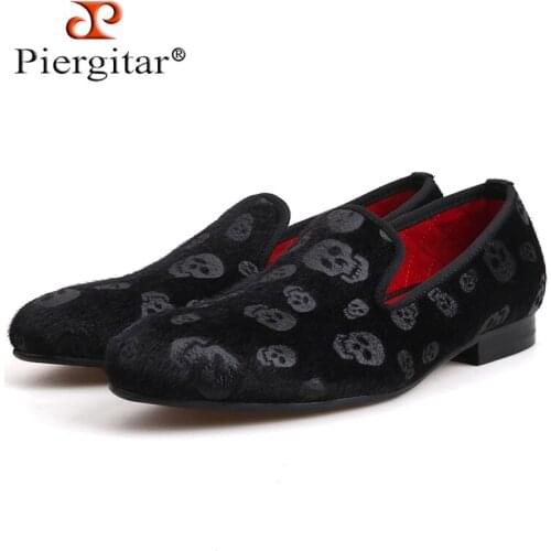 2018 New Style Horsehair Skull Embossed Velvet Men Shoes Party and Prom Men Loafers Smoking Slipper Men Flats Size US 4-17