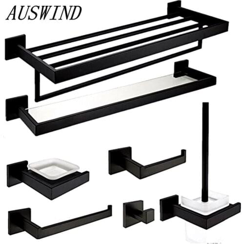 AUSWIND Contemporary Square Base 7-Piece Black Oil Bronze 304 Stainless Steel Bathroom Hardware Set Q7K0