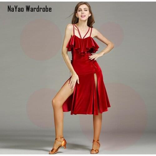 2021 New MY749 Striped Bare Shoulder Lotus Design Latin Dance Dress Women Performance Modern Dance Dress Latino Dancewear