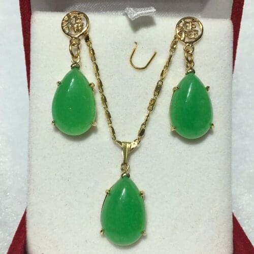 Wholesale noble new jewelry 12*16mm green Natural jade earring chain pendant jewelry set