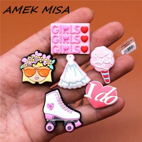 Original PVC Red Pink Heart Girls Wedding dress Shoe Accessories Decorations Jibz for Croc Shoes Charms Fit Bracelet Kids Gifts