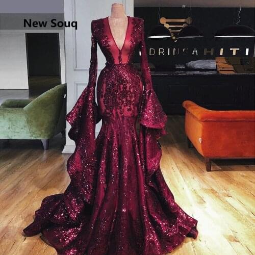 Burgundy Kaftan Long Sleeves Evening Dresses Arabic Africa V-neck Mermaid Prom Dress Robe De Soiree Middle East Evening Gowns