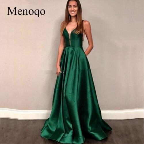 Menoqo Sexy Bust Open V Neck Satin Dress Evening Party 2020 Green Long Evening Dresses