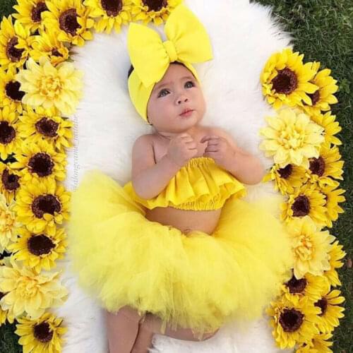 3PCS Toddler Baby Girl Party Crop Top Tutu Tulle Lace Mesh Skirt Dress Outfit Clothes Summer Yellow