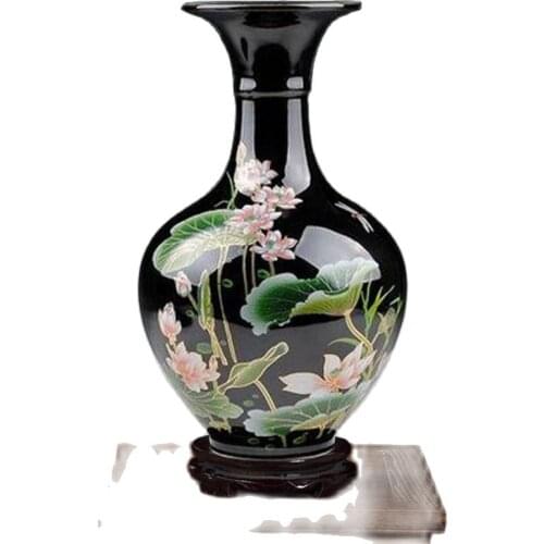ORIENTAL CHINESE HAND-PAINTED BLACK LOTUS FLOWERS VASE