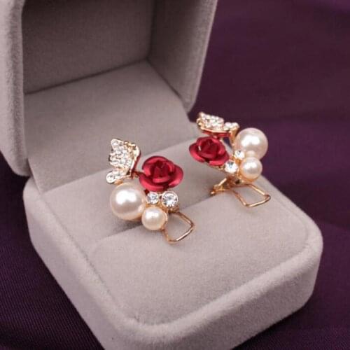 Utrend Rhinestone Earrings For Women Luxury Crystal Rose Flower Simulated-pearl Ear Cuff Clip Earring Brincos Orecchini