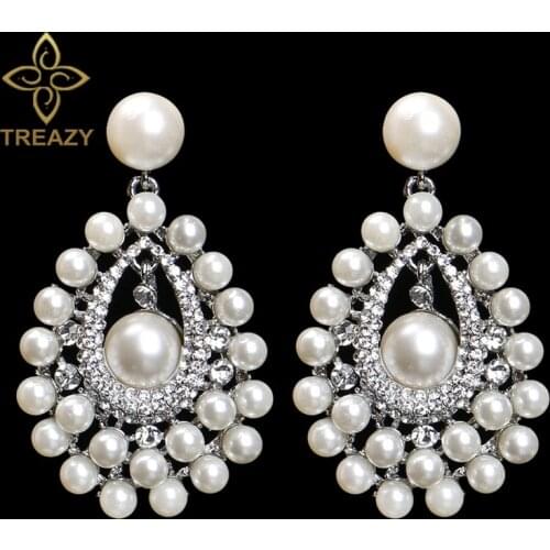 TREAZY Luxurious Top Quality Simulated Pearl Crystal Earrings Bridal Long Drop Earrings for Women Wedding Jewelry Accessories
