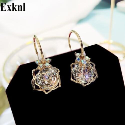 Exknl Zircon Fashion Flower Dangle Earrings for Women Bijoux Gold Color Korean Rose Crystal Drop Earrings Jewelry 2020