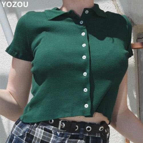 Women crop top cropped polo shirt single breasted solid casual Opaque Buttons crop tee female YL-53