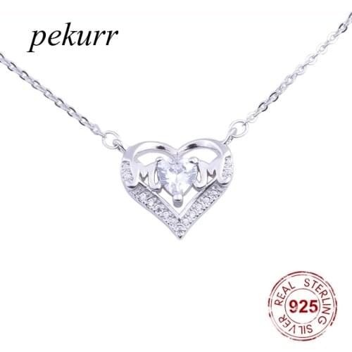 Pekurr 925 Sterling Silver Big Double M Letter & Zircon Heart Necklaces For Women Long Collar Pendants Fashion Jewelry