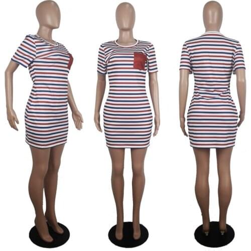 New Womens Leisure Fashion Stripe Printed Round Collar Dress With Pockets