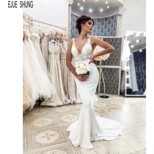 EJUE SHUNG Summer Backless Mermaid Wedding Dresses V Neck Sheer Corset Bridal Dresses Lace Wedding Gowns Vestido De Novia