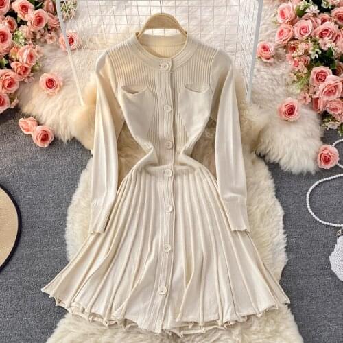 New Autumn Winter Korean Fashion Casual Knitted Sweater Dress Women Long Sleeve Pleated Mini Vintage Dress Robe Femme Vestidos