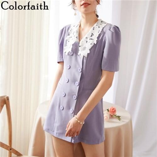 Colorfaith New 2020 Women Summer Dress High Waist Double Breasted Puff Sleeve Casual Vintage Floral Lace Patchwork Dress DR89079