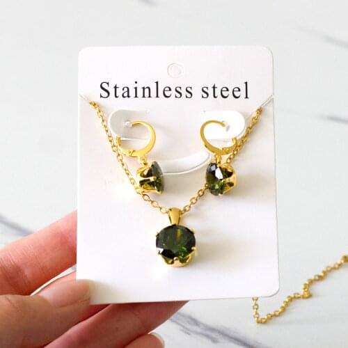 Gold Color Green Cubic Zirconia Pendant Necklace and Drop Earrings Set Stainless Steel Jewelry Set for Girl Women Fashion Gift
