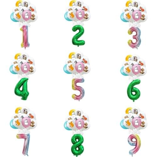 11pcs 12inch Animal Latex Balloons with 32 inch Green Rainbow Number Helium Balloon Childrens Birthday Party Decorations Kids