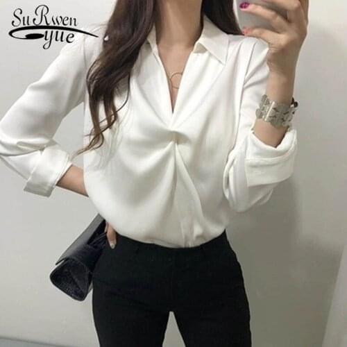 2021 Autumn Fashion Women Tops Chiffon Blouse Long Sleeve Office Lady Work Women Blouse V-neck Lady White Tops One Size 2587