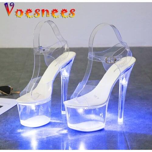 Voesnees Stripper Heels Women Glitter Shoes Sandals Clear Heel Light-emitting PVC Platform Light Buckle Strap Super High Heels