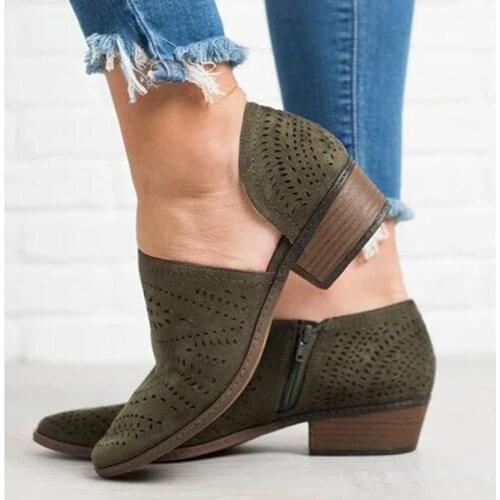 2019 Fashion Women Boots Spring Summer Block Low Heel Ladies Booties PU Leather Hollow Out Ankle Platform shoes