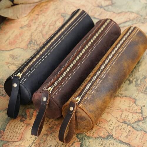 Original Handmade Retro Luxury Cowhide Young Artists Pencil Case Large-capacity Zipper Student Stationery Bags School Supplies