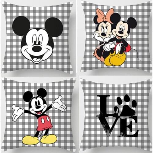 Disney Cartoon Pillow Cases Black And White Plaid Mickey Minnie Mouse Car Cushion Cover Home Decorative Pillow Cover Sofa Pillow