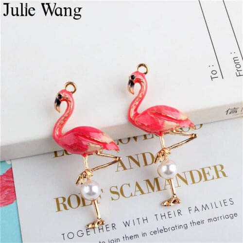 Julie Wang 5PCS Enamel Red Flamingo Charms Bird With man-made Pearl Bracelet Necklace Alloy Gold Tone Jewelry Making Accessory