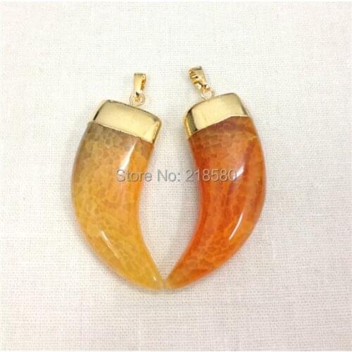 H-SP39 Large Yellow Orange Dragon Agates Horn Tusk Pendant Charm with Gold or Silver Cap