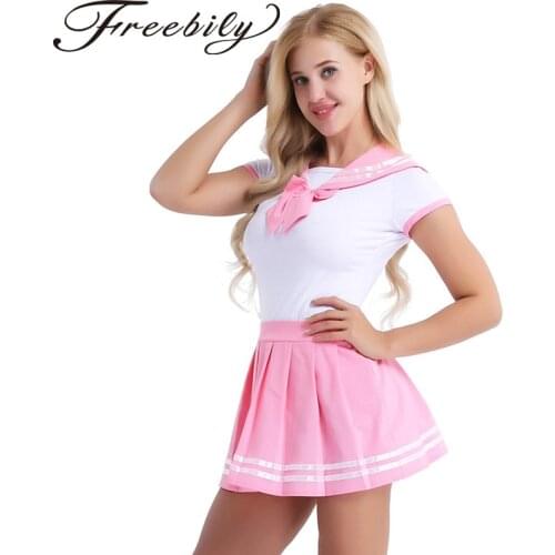 Freebily Women Sexy Cosplay Lingerie Schoolgirl Student Uniform Costumes Outfit Sets Snap Crotch Romper with Mini Pleated Skirt
