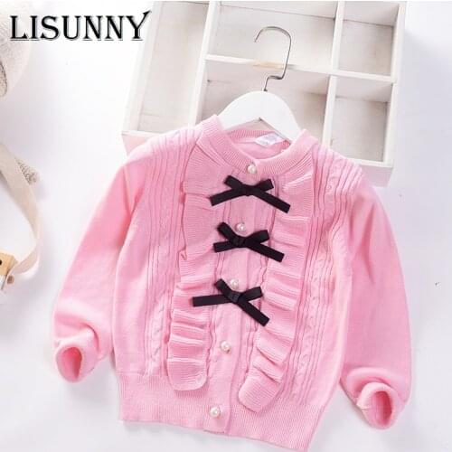 Girls Cardigan Sweater Lolita Style Bow Autumn Winter 2021 Infants Children Cotton Knitwear Baby Kids Coat Toddler Clothes 2-7y