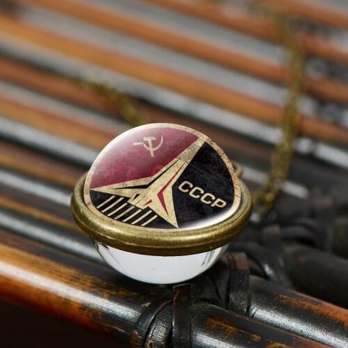 Classic USSR Soviet Badge Necklace Plane Shape Sickle Hammer CCCP Russia Emblem Glass Round Pendant Long Chain Necklaces