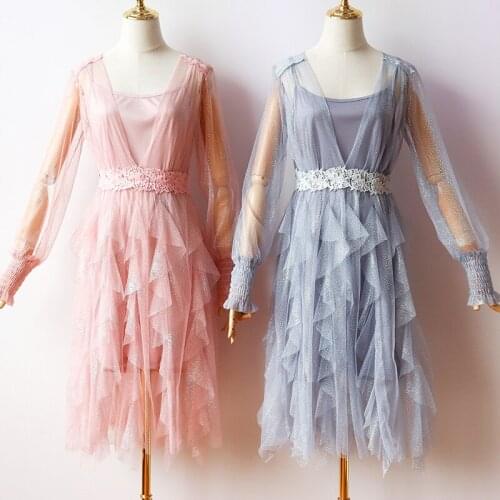 2pieces set Spring Summer Autumn Mesh Sweet Fall Elegant Club Casual slim Long Sleeve Princess Party Sexy Cake Women Dress