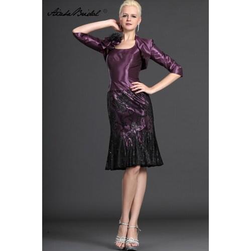 Short Mother Of The Groom Dresses Tank Knee Length Purple Taffta & Black Lace Vestidos Madre De La Novia Mother Gown with Jacket