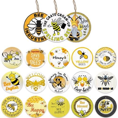 Bees Round Wooden Sign Lovely Honey Wood Hanging Plaque for Bee House Garden Farmhouse Honeycomb Wall Decor Tag