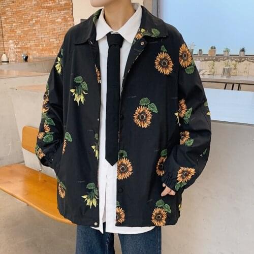 Plus Size 5XL-M Autumn Winter Fashion Sunflower Print Loose Casual Jackets Men Clothing 2021 Turn Down Collar Coats Streetwear