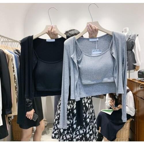 Fashion 2 Pieces Women Shirts Sets Summer New Short Empired Solid Slim Knitted Elasitic Long-Sleeved Lady Cardigan Outwear Tops