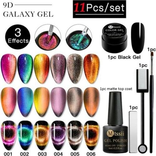 Mtssii 11/8PCS 9D Galaxy Cat Eye Led Gel Nail Polish Set Chameleon Magnetic UV Nail Varnish Nail Brush Needed Black Base Coat