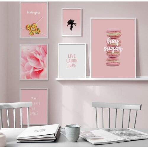 Wall Art Canvas Painting Pink Macaron Flower Lollipop Quotes Nordic Posters And Prints Plant Wall Pictures For Living Room Decor