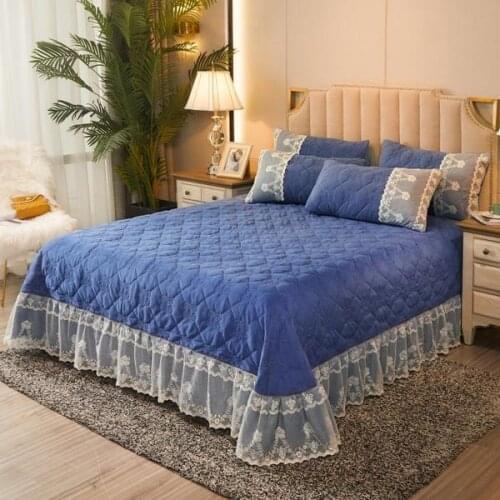 New Soft velvet Quilting lace bed cover Bed Skirt blue pink Bedspread Bed Sheet Bed Cover Pillowcase Bedding Set