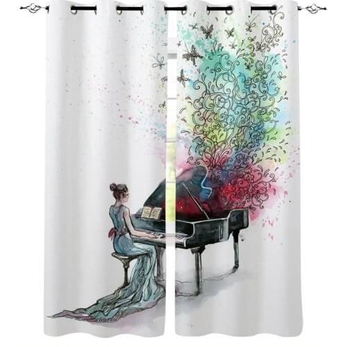 Piano Woman Music White Modern Blackout Curtains For Living Room Bedroom Window Treatment Blinds Drapes Kitchen Curtains